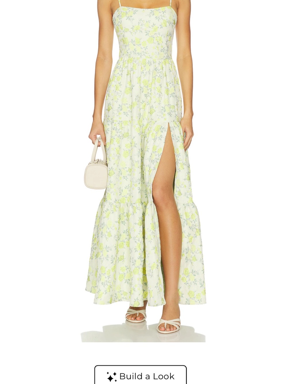Elliatt Pale Yellow Floral Tiered Maxi Skirt with High Slit